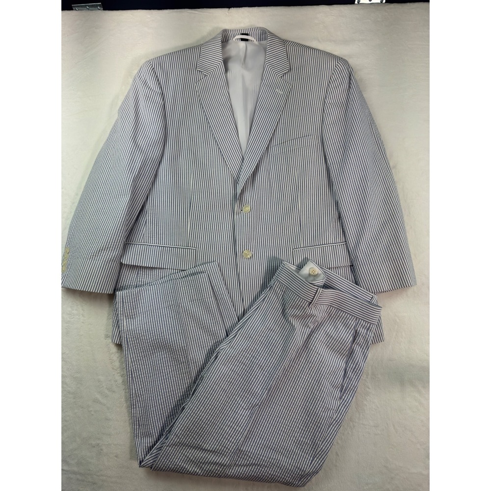 Perlis New Orleans Mens Seersucker Suit Set Blue White Striped 44S Cotton